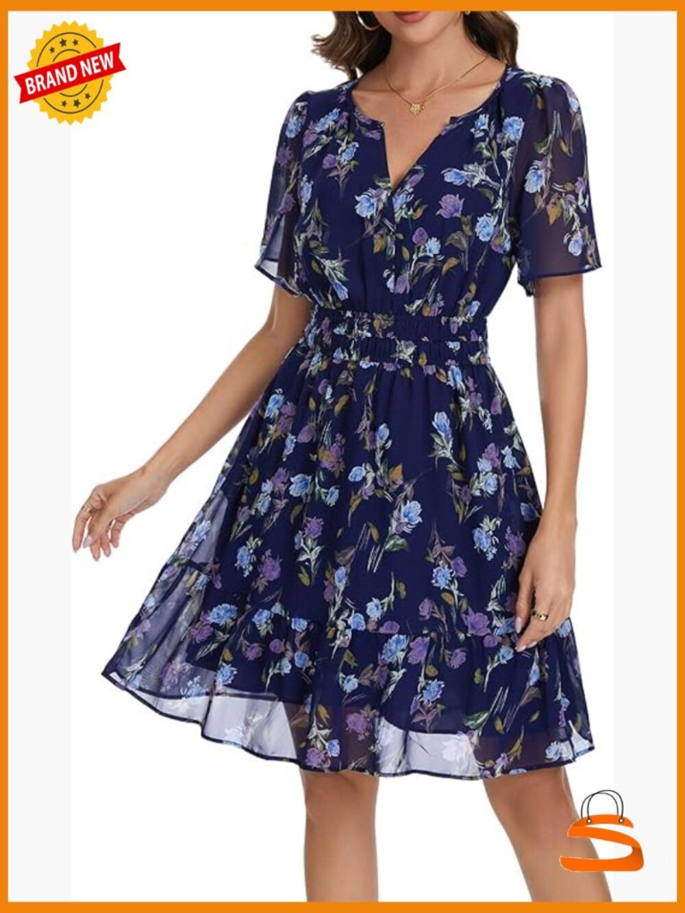 Floral A-Line Mini Dress with V-Neck and Short Sleeves